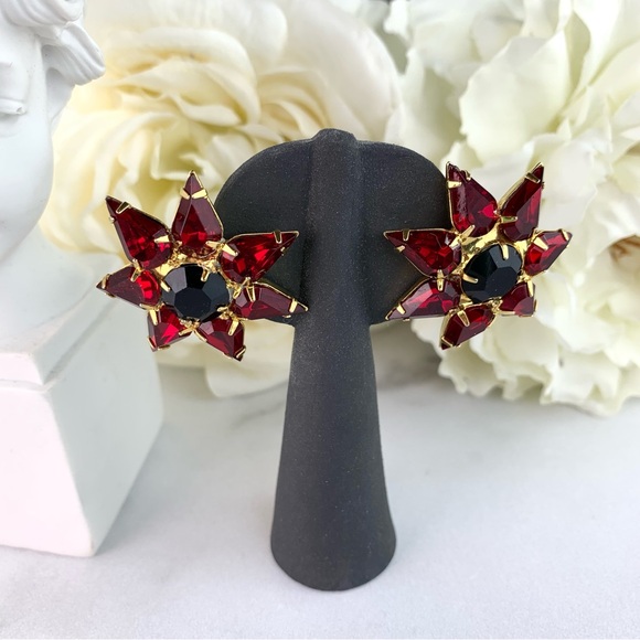 Vintage Gold Tone Starburst Bloody Red Rhinestone Large Earrings - Picture 9 of 14